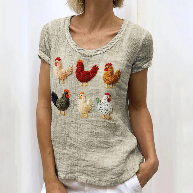 Comstylish Vintage Colorful Chicken Embroidered Linen Shirt