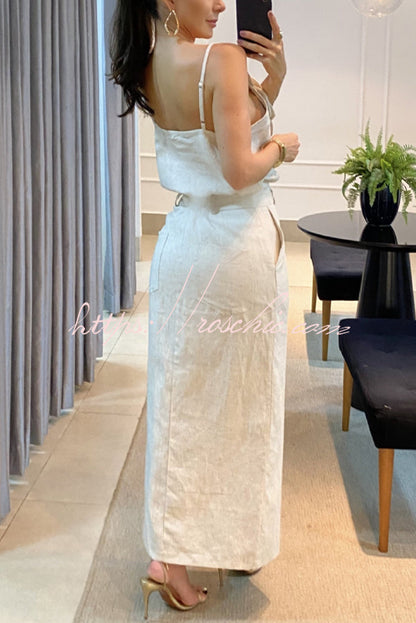 Charming Lady Linen Blend Embellishment Tank and High Rise Pocketed Slit Skirt Set
