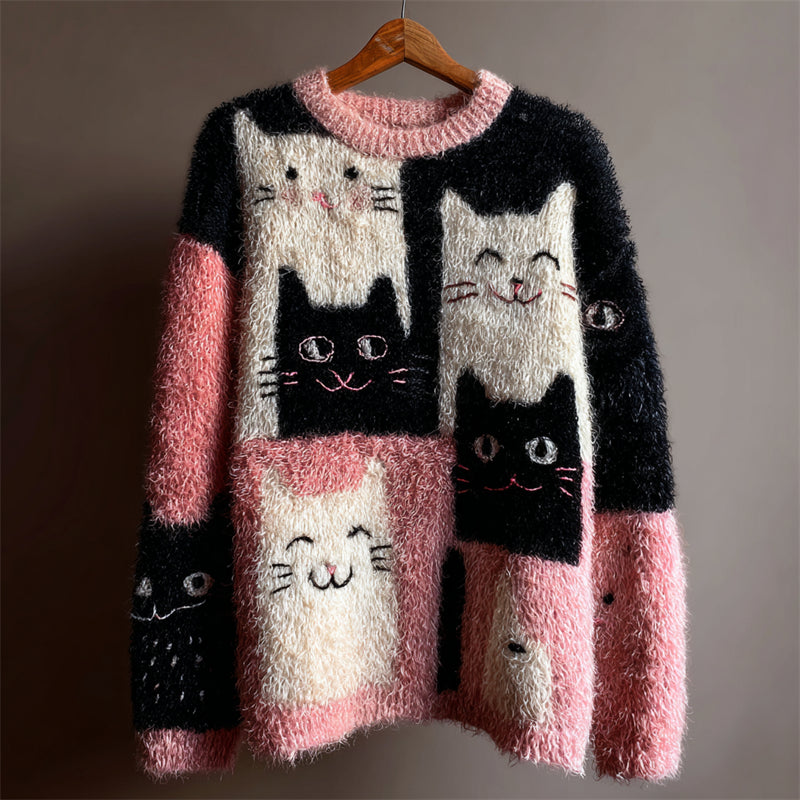 Comstylish Lovely Cats Colorblock Fuzzy Cozy Knit Sweater