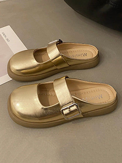 Belt Buckle Round-toe Shallow Cut Split-joint Platform Shoes Slippers&mules