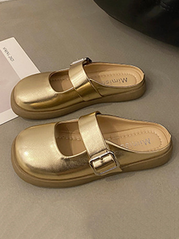 Belt Buckle Round-toe Shallow Cut Split-joint Platform Shoes Slippers&mules