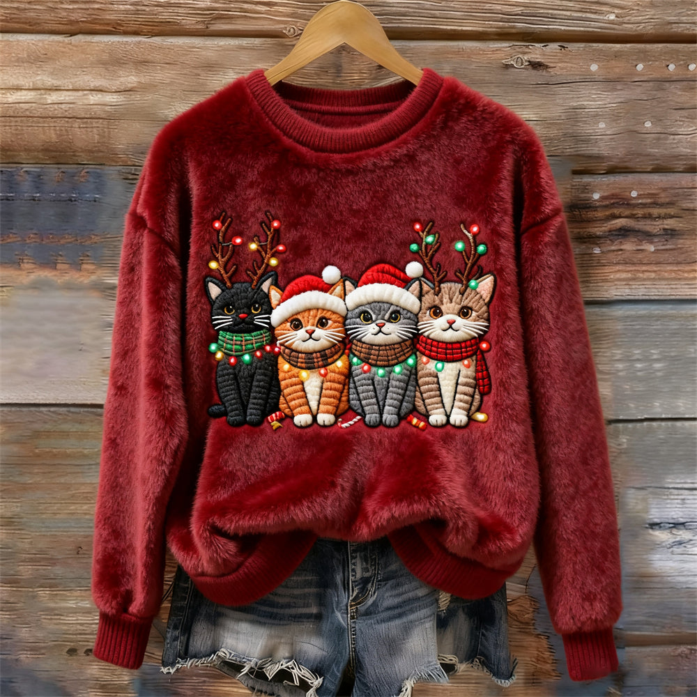Comstylish Christmas Lights Cat Women's Cozy Plush Sweater