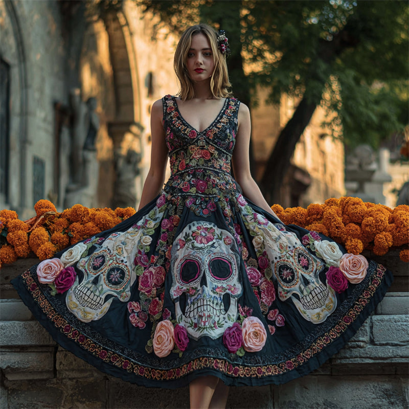 Day Of The Dead Sugar Skulls Floral Embroidered Linen Maxi Dress elevenforest