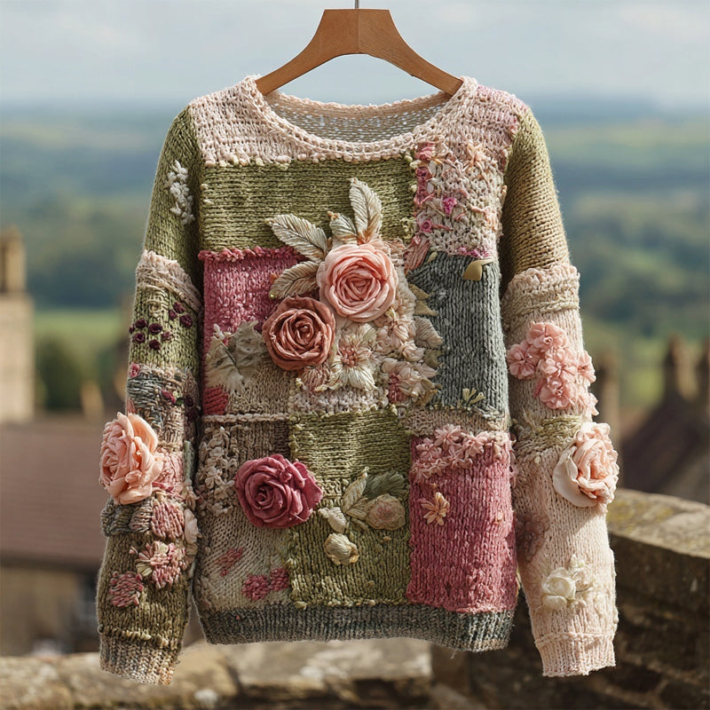 Vintage Roses Embroidered Patchwork Cozy Knitted Sweater elevenforest