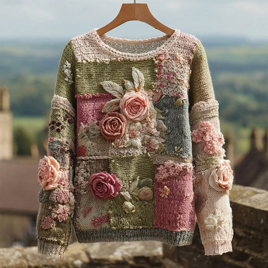 Vintage Roses Embroidered Patchwork Cozy Knitted Sweater