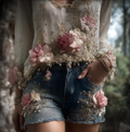 Women's Bohemian Style Three-dimensional Pink Flower Design Denim Shorts elevenforest