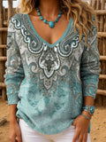 Women's Casual Western Print Retro V-neck Top elevenforest