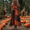 Vintage Halloween Pumpkin Face Patchwork Art Linen Round Neck Maxi Dress elevenforest