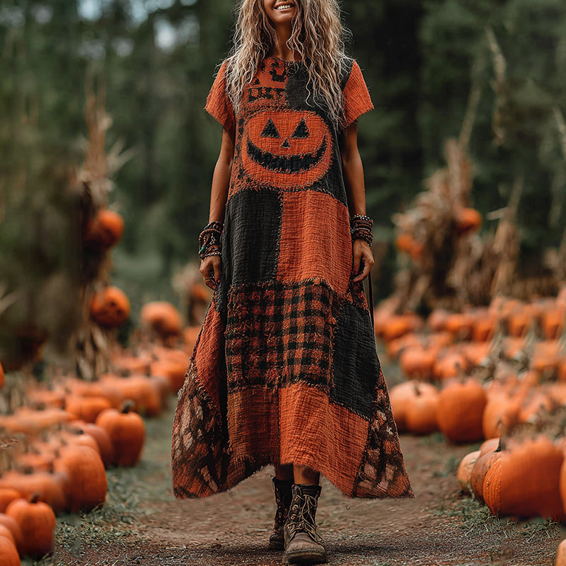 Vintage Halloween Pumpkin Face Patchwork Art Linen Round Neck Maxi Dress elevenforest