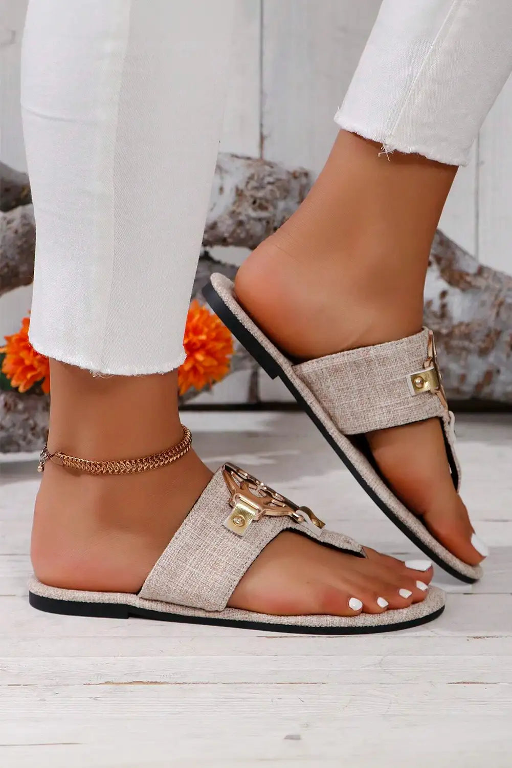 Beige Metal Thong Slippers