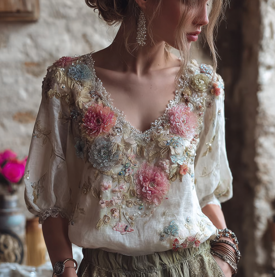 Bohemian Style V-neck Butterfly And Flower Embroidery Cotton And Linen Short Sleeve elevenforest