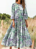 Women's Vintage Ethnic Floral Art Print Flowy Cotton Crew Neck Dress