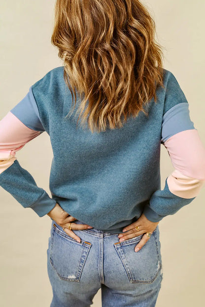 Fresh Blue Colorblock Pullover Sweatshirt