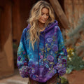 Women's Vintage Purple And Blue Lavender Patchwork And Floral Embroidered Art Gradient Comfort Hoodie elevenforest