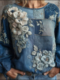 Vintage Floral Embroidered Colorblock Patchwork Linen Tunic elevenforest