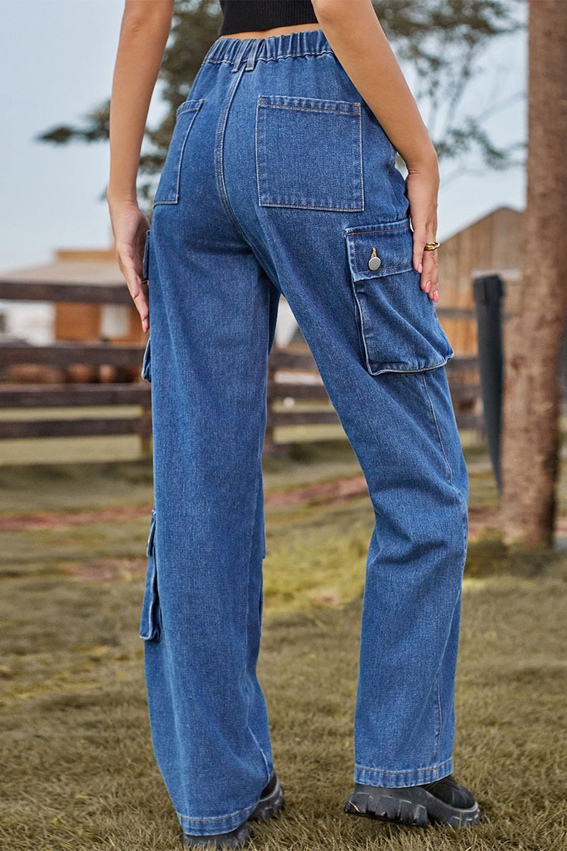 Street Pocket Mid Waist Loose Denim Jeans