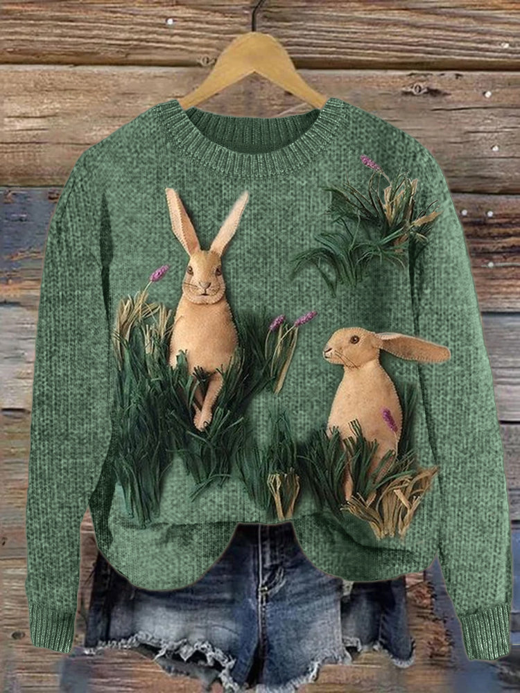 Forest Bunny Textile Art Cozy Knit Sweater artswardrobe