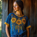 Ethnic Sunflower Embroidered Patchwork Linen Tunic Top elevenforest