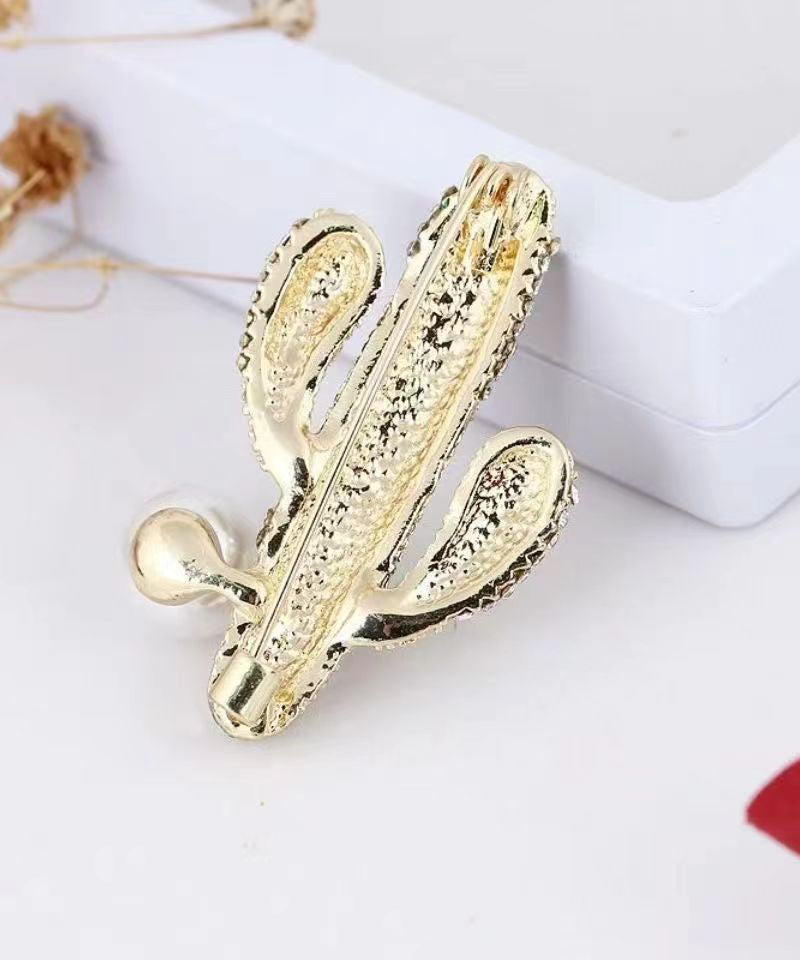 Green Alloy Zircon Pearl Drip Glaze Cactus Brooches