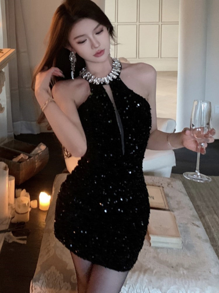 Halter Mini Dress Sleeveless Rhinestone Sequins Hollow Out New Summer Shiny Evening Party Dresses Slim Clubwear