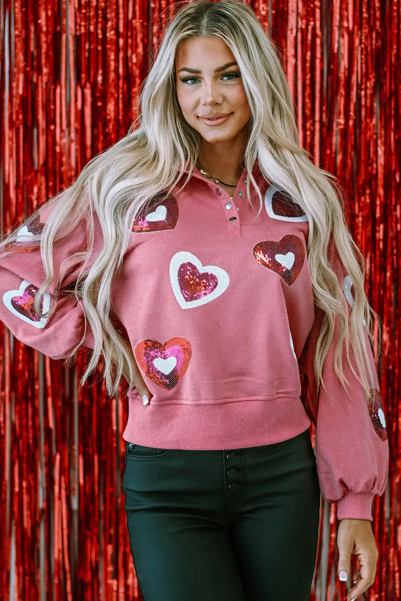 Pink Sequin Heart Collared Sweatshirt