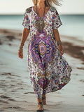 Women's Vintage Ethnic Totem Art Print V Neck Pocket Cotton Dress