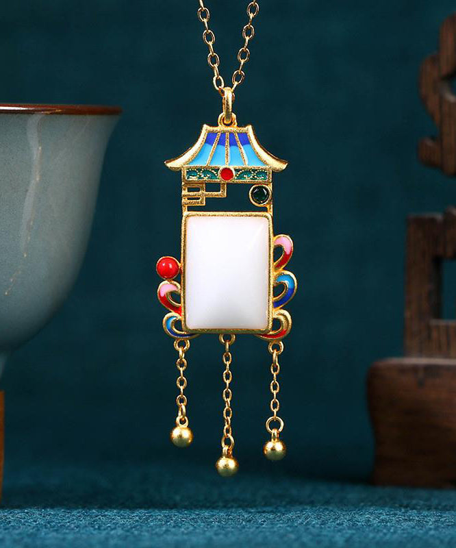 Blue Copper Overgild Jade Agate Pagoda Tassel Pendant Necklace Kx1065