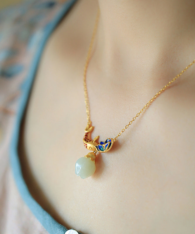 Boutique Gold Sterling Silver Ancient Gold Jade Lotus Enamel Pendant Necklace Po002