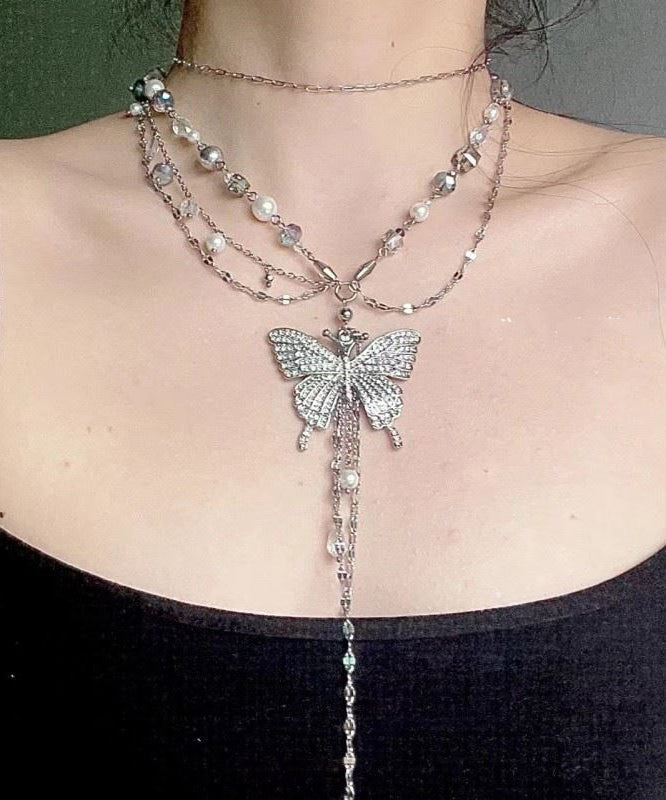 Boutique Silk Metal Butterfly Pearl Multilayer Tassel Lariat Necklace Zz066