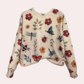 Cotton Sweater with Multi-Colored Knit Insects and Flowers