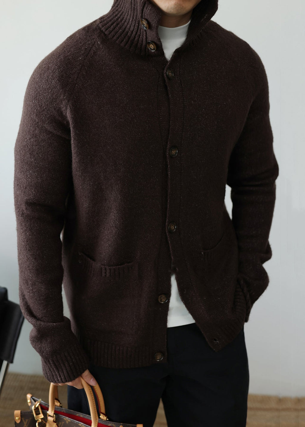 Coffee Pockets Cozy Cotton Knit Cardigan Peter Pan Collar