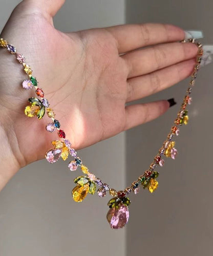 Diy Rainbow Alloy Crystal Leaf Water Droplet Pendant Necklace