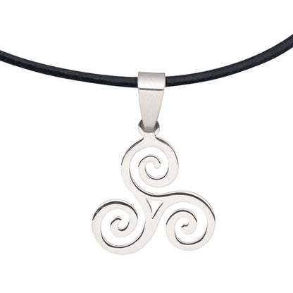 Dragonweave Steel Celtic Triskele Spiral Pendant Necklace on Black Leather Cord, Adjustable