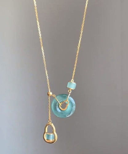 Blue Sterling Silver Overgild Chalcedony Gourd Safety Buckle Pendant Necklace