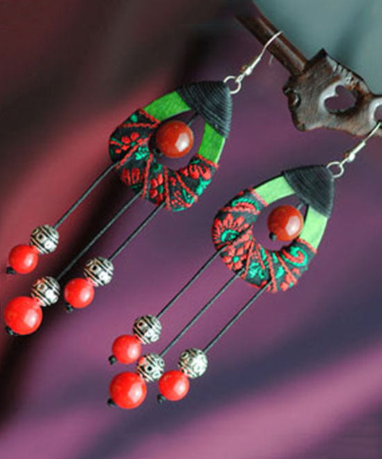 Red Agate Cotton Rope Tassel Drop Earrings