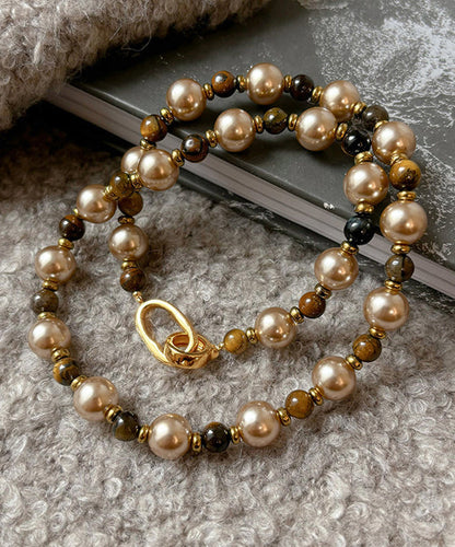 Fine Colorblock Alloy Tiger's Eye Pearl Patchwork Gratuated Bead Necklace