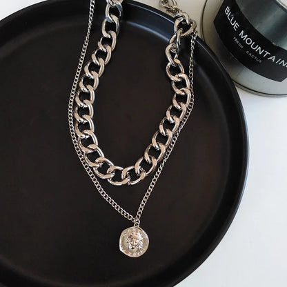 Retro Portrait Exaggerated Thick Chain Necklace Double Layer Cool Chain Hip Hop Necklace Short Clavicle Chain