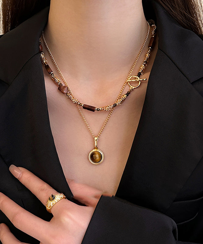 Modern Gold Copper Alloy Tiger's Eye Stone Pendant Necklace Two-piece Set