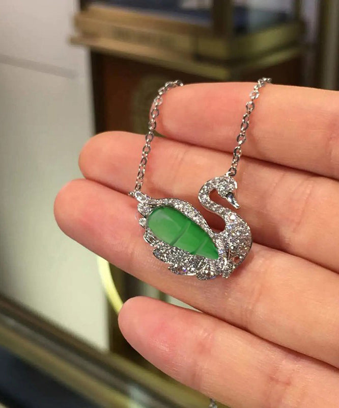 Modern Green Sterling Silver Jade Little Swan Pendant Necklace Ac1043