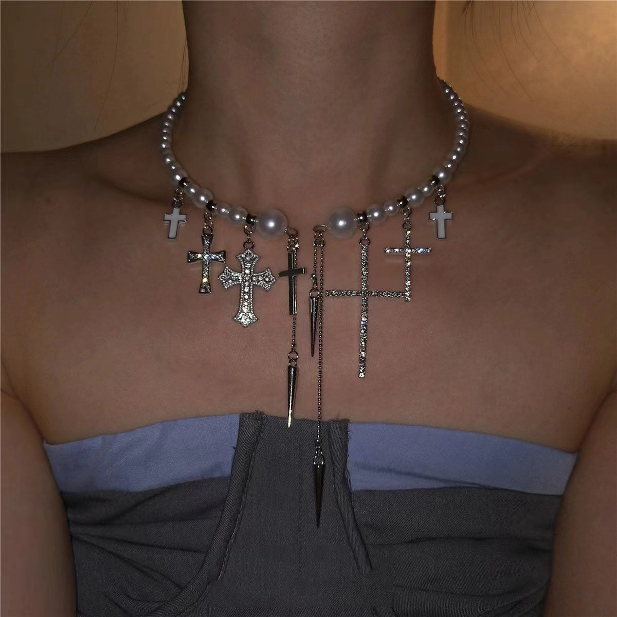 Cross Rivet Tassel Pearl Beaded High-end Necklace