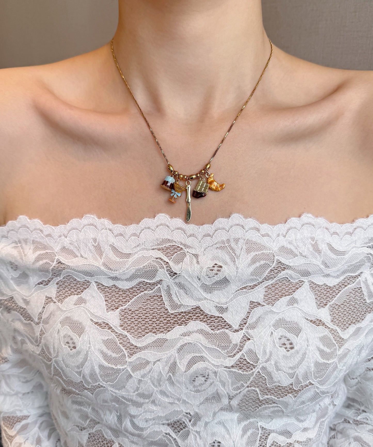 Original Design Gold Alloy Cake Croissant Pendant Necklace