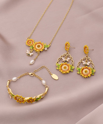 Gold Zircon Sunflower Pearl Tassel Lariat Necklace Bracelet and Drop Earrings Three Piece Set Et035
