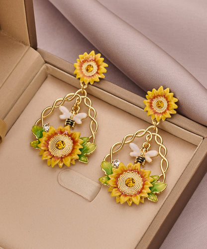 Gold Zircon Sunflower Pearl Tassel Lariat Necklace Bracelet and Drop Earrings Three Piece Set Et035