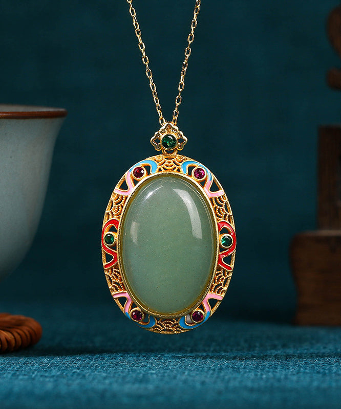 Gold Copper Overgild Jade Enamel Auspicious Clouds Pendant Necklace Kx1058