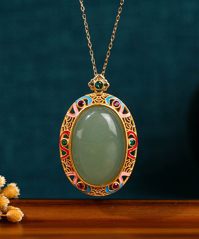 Gold Copper Overgild Jade Enamel Auspicious Clouds Pendant Necklace Kx1058
