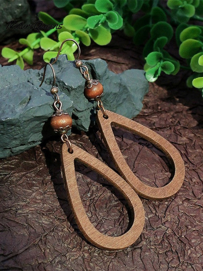 Wooden Beads Hand Woven Geometric Hollowed Wooden Earrings