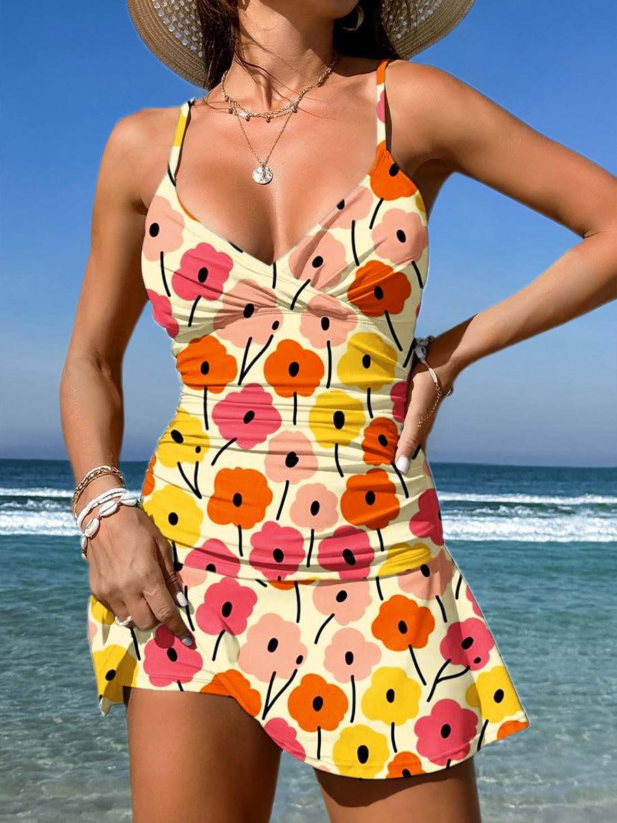 V-Neck Vintage Flowers Print Suspender Skirt Tankini Pantskirt Set Swimsuit