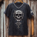 Men's Viking Celtic Skull Runes Washed Linen T-shirt elevenforest