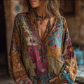 Bohemian Style Embroidered Flower Vacation Long-sleeved V-neck Worn-out Long-sleeved Top elevenforest