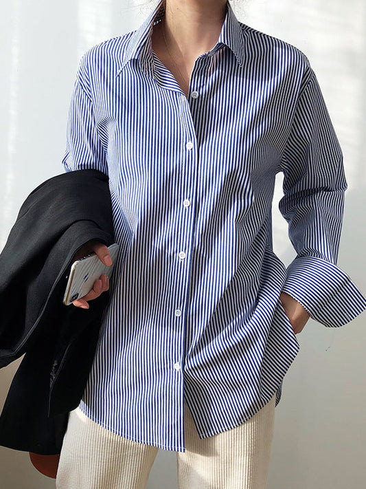 Urban Loose Striped Lapel Collar Blouses&shirts Tops